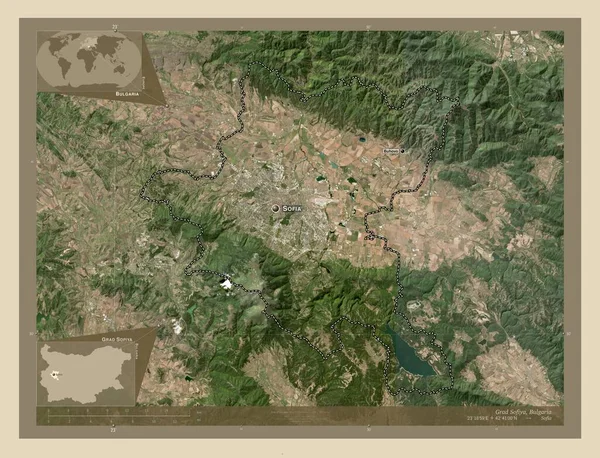 Grad Sofiya 保加利亚省 高分辨率卫星地图 该区域主要城市的地点和名称 角辅助位置图 — 图库照片