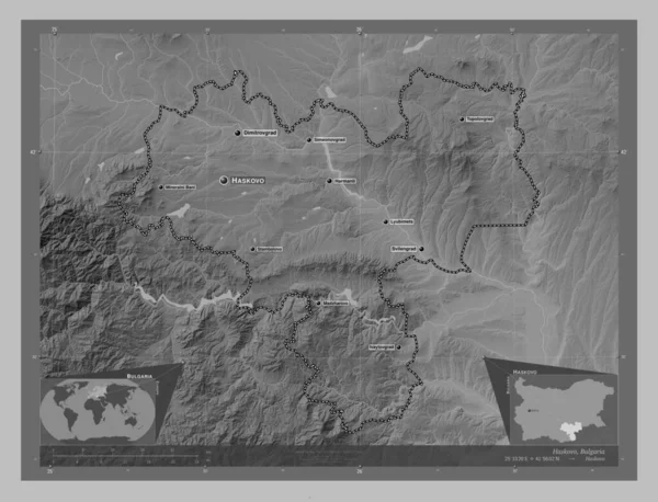 保加利亚Haskovo省 带有湖泊和河流的灰度高程图 该区域主要城市的地点和名称 角辅助位置图 — 图库照片