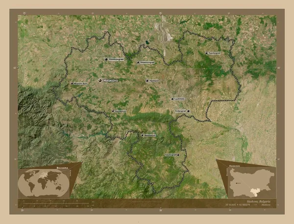 保加利亚Haskovo省 低分辨率卫星地图 该区域主要城市的地点和名称 角辅助位置图 — 图库照片