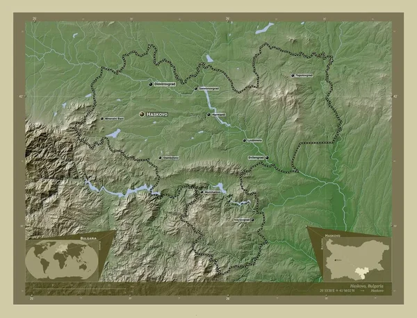 保加利亚Haskovo省 用Wiki风格绘制的带有湖泊和河流的高程地图 该区域主要城市的地点和名称 角辅助位置图 — 图库照片