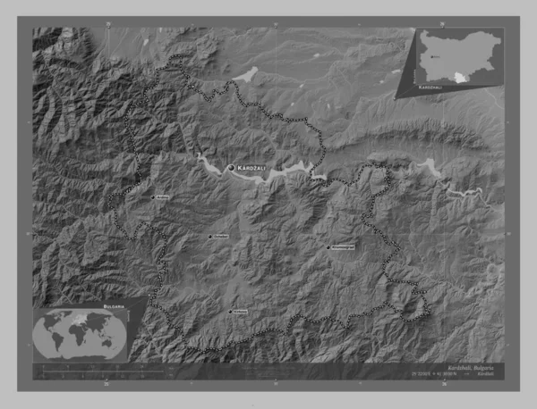 Карджалі Провінція Болгарія Граймасштабна Мапа Висот Озерами Річками Місця Розташування — стокове фото