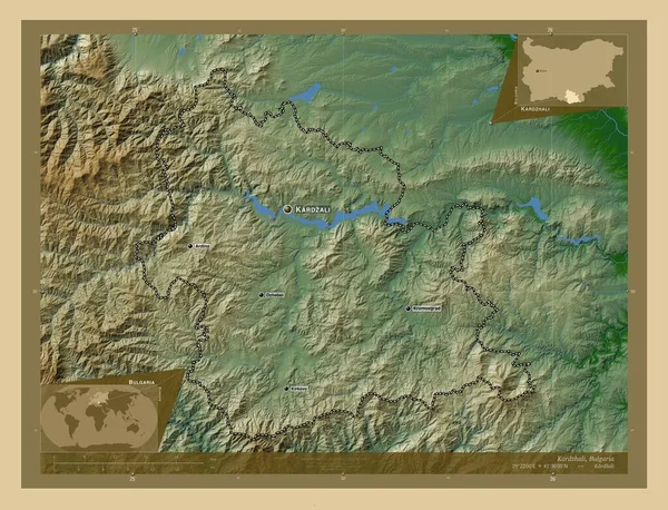 Kardzhali Province Bulgaria Colored Elevation Map Lakes Rivers Locations Names — Stock Photo, Image