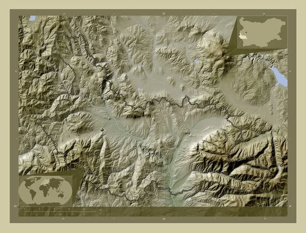 Kyustendil Province Bulgaria 用Wiki风格绘制的带有湖泊和河流的高程地图 角辅助位置图 — 图库照片