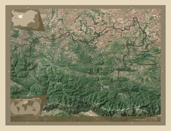 Lovech Province Bulgaria 高分辨率卫星地图 该区域主要城市的地点和名称 角辅助位置图 — 图库照片