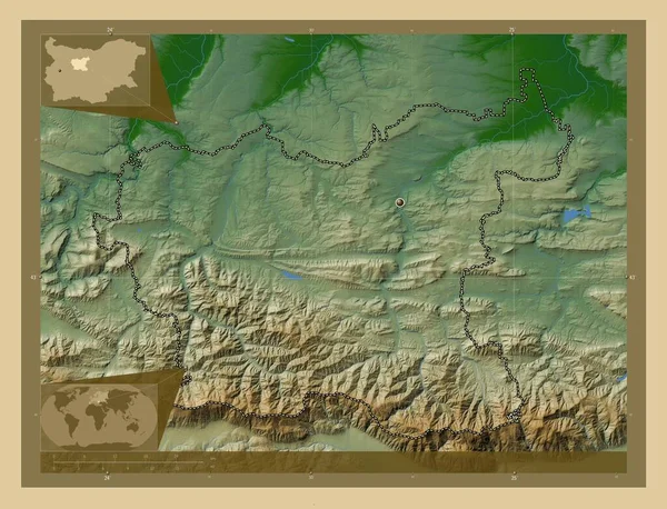 ブルガリア共和国のロヴェチ県 湖や川と色の標高マップ コーナー補助位置図 — ストック写真
