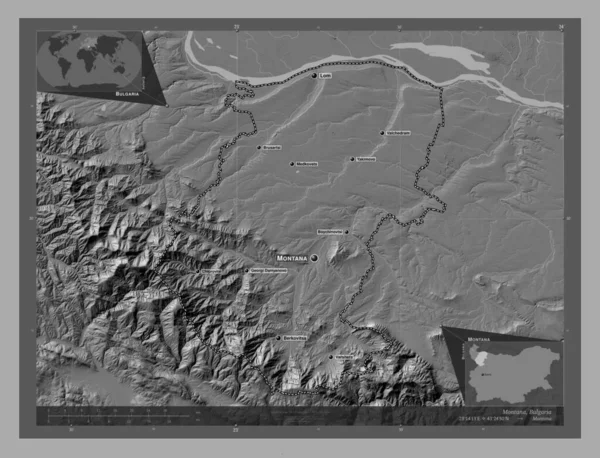 Montana Bulgária Tartomány Kétszintes Domborzati Térkép Tavakkal Folyókkal Régió Nagyvárosainak — Stock Fotó