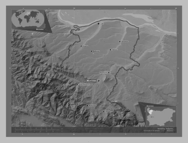 保加利亚蒙大拿州 带有湖泊和河流的灰度高程图 该区域主要城市的地点和名称 角辅助位置图 — 图库照片