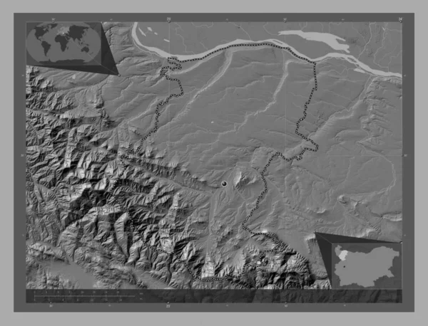 Montana Provincie Bulgarije Hoogteplattegrond Met Meren Rivieren Hulplocatiekaarten Hoek — Stockfoto