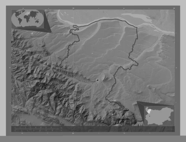 Montana Province Bulgaria Grayscale Elevation Map Lakes Rivers Corner Auxiliary — Stock Photo, Image