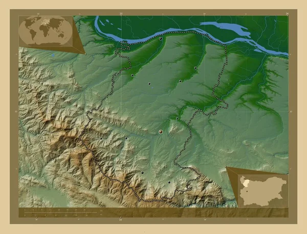 Монтана Провинция Болгарии Цветная Карта Высоты Озерами Реками Места Расположения — стоковое фото