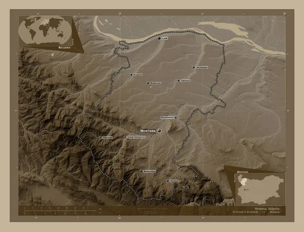 Montana Provincia Bulgaria Mappa Elevazione Colorata Toni Seppia Con Laghi — Foto Stock