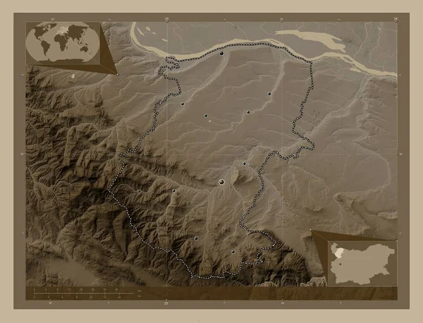 Montana Oblast Bulharska Zdvihová Mapa Zbarvená Sépiovými Tóny Jezery Řekami — Stock fotografie