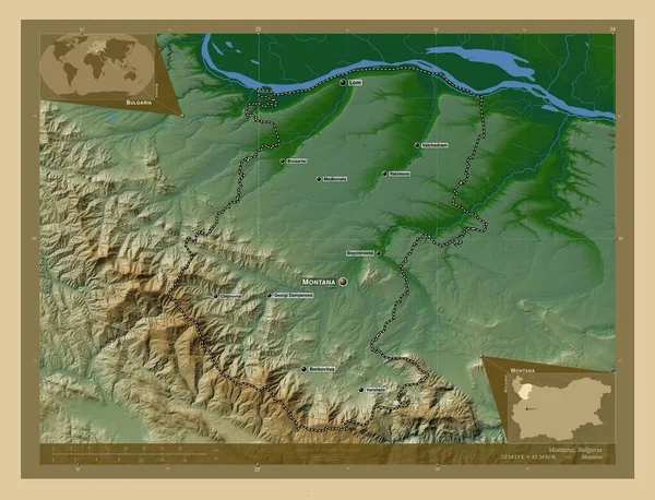 Montana Bulgária Tartomány Színes Domborzati Térkép Tavakkal Folyókkal Régió Nagyvárosainak — Stock Fotó