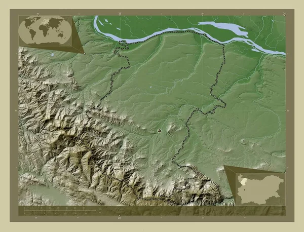 Montana Provinsen Bulgarien Höjd Karta Färgad Wiki Stil Med Sjöar — Stockfoto