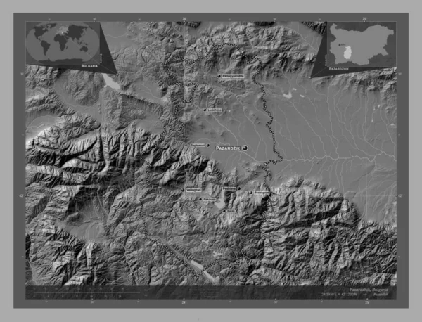 Pazardzhik Province Bulgaria Bilevel Elevation Map Lakes Rivers Locations Names — Stock Photo, Image