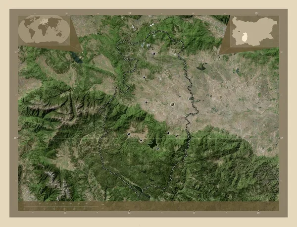 ブルガリア共和国のパザルジェク県 高解像度衛星地図 地域の主要都市の場所 コーナー補助位置図 — ストック写真