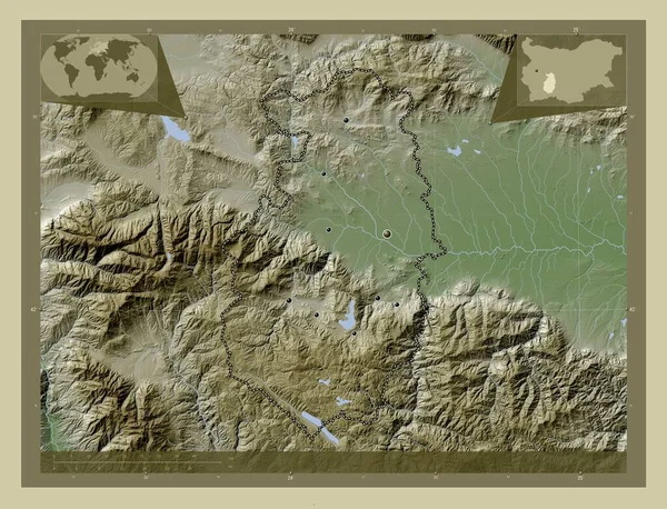 保加利亚省Pazardzhik 用Wiki风格绘制的带有湖泊和河流的高程地图 该区域主要城市的所在地点 角辅助位置图 — 图库照片