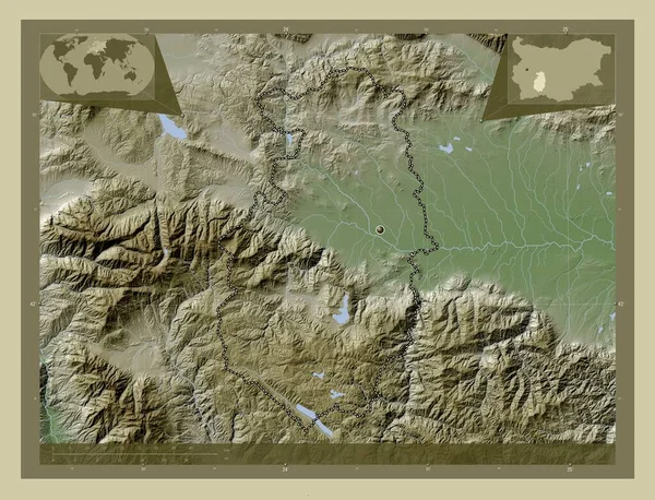 保加利亚省Pazardzhik 用Wiki风格绘制的带有湖泊和河流的高程地图 角辅助位置图 — 图库照片