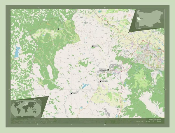 ブルガリア共和国のペルニク州 ストリートマップを開く 地域の主要都市の位置と名前 コーナー補助位置図 — ストック写真