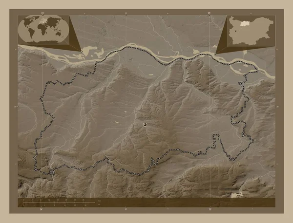 Pleven Provincia Bulgaria Mapa Elevación Coloreado Tonos Sepia Con Lagos — Foto de Stock