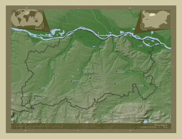 ブルガリアの州 プレヴェン 湖や川とWikiスタイルで着色された標高マップ 地域の主要都市の位置と名前 コーナー補助位置図 — ストック写真