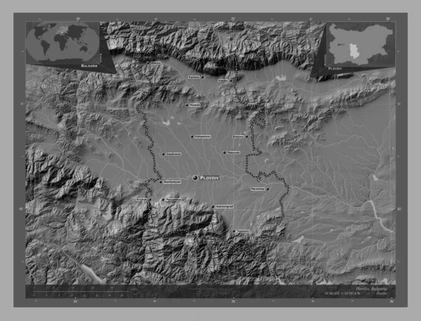 Plovdiv Provincia Bulgaria Mapa Elevación Bilevel Con Lagos Ríos Ubicaciones — Foto de Stock