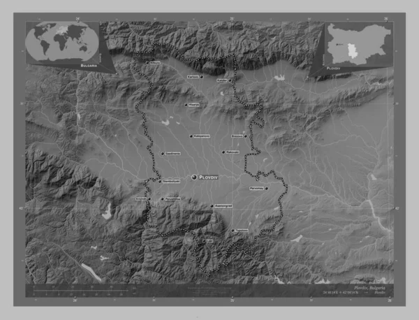 Plovdiv Provinsen Bulgarien Grayscale Höjdkarta Med Sjöar Och Floder Platser — Stockfoto