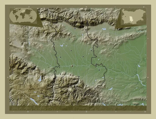 保加利亚省普罗夫迪夫 用Wiki风格绘制的带有湖泊和河流的高程地图 该区域主要城市的所在地点 角辅助位置图 — 图库照片