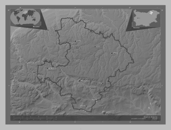 Razgrad Prowincja Bułgarii Mapa Wzniesień Skali Szarości Jeziorami Rzekami Lokalizacje — Zdjęcie stockowe