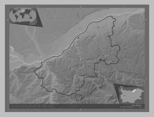 Ruse Province Bulgaria 带有湖泊和河流的灰度高程图 该区域主要城市的地点和名称 角辅助位置图 — 图库照片