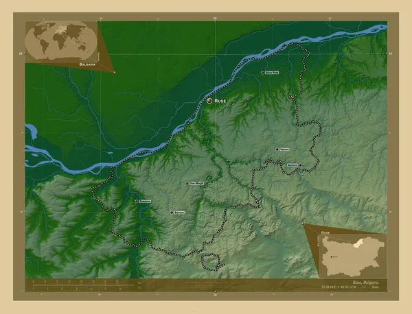 Ruse Province Bulgaria Colored Elevation Map Lakes Rivers Locations Names — Stock Photo, Image