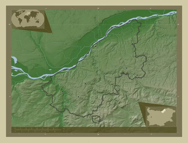 ブルガリアの州 湖や川とWikiスタイルで着色された標高マップ 地域の主要都市の場所 コーナー補助位置図 — ストック写真
