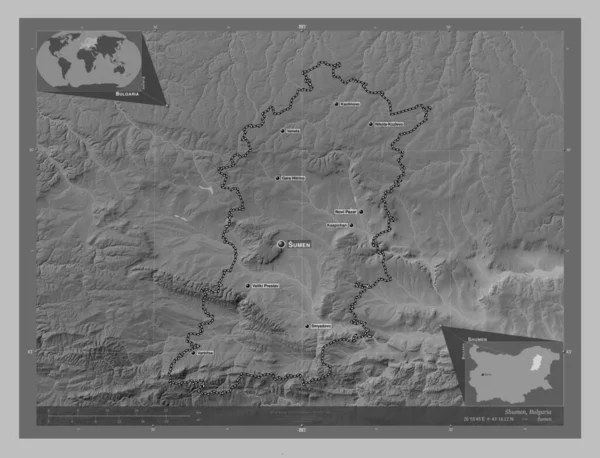 Shumen Province Bulgaria Grayscale Elevation Map Lakes Rivers Locations Names — Stock Photo, Image