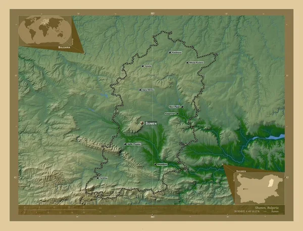 Shumen Província Bulgária Mapa Elevação Colorido Com Lagos Rios Locais — Fotografia de Stock