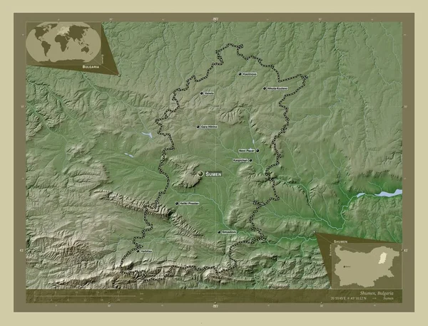 Shumen Provincia Bulgaria Harta Înălțimii Colorată Stil Wiki Lacuri Râuri — Fotografie, imagine de stoc