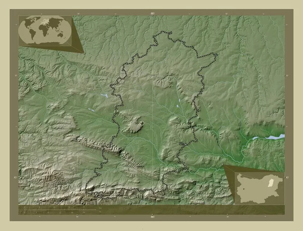 保加利亚省Shumen 用Wiki风格绘制的带有湖泊和河流的高程地图 角辅助位置图 — 图库照片