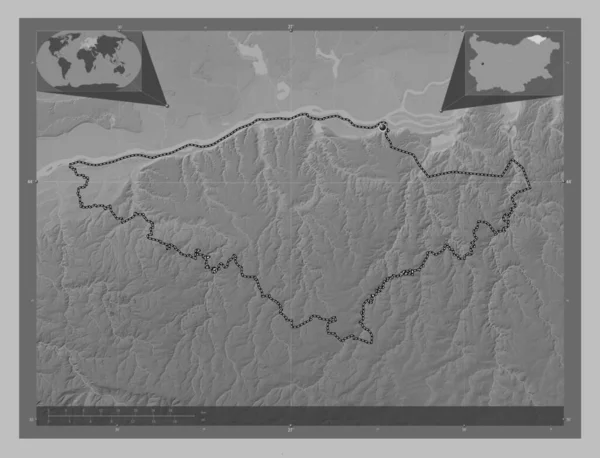 ブルガリア共和国のシルストラ県 湖や川とグレースケールの標高マップ コーナー補助位置図 — ストック写真