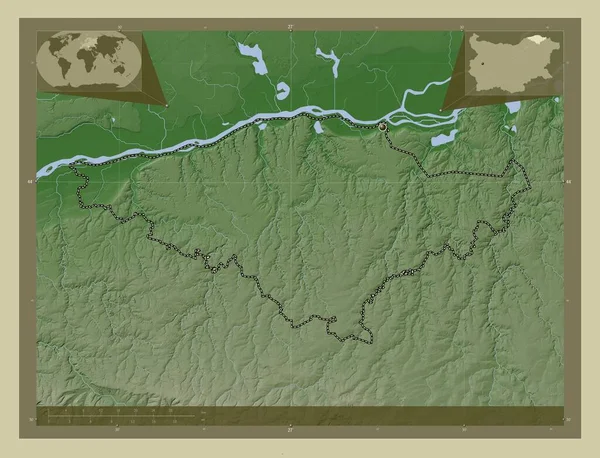 保加利亚省Silistra 用Wiki风格绘制的带有湖泊和河流的高程地图 角辅助位置图 — 图库照片