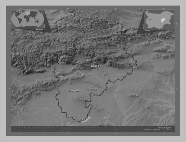 Sliven Provinz Bulgarien Graustufen Höhenkarte Mit Seen Und Flüssen Orte — Stockfoto