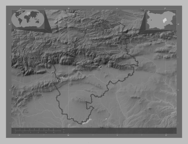 Sliven Provinz Bulgarien Graustufen Höhenkarte Mit Seen Und Flüssen Eck — Stockfoto