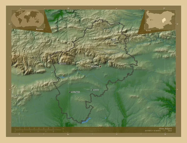 Sliven Provincie Bulharsko Barevná Mapa Jezery Řekami Umístění Názvy Velkých — Stock fotografie