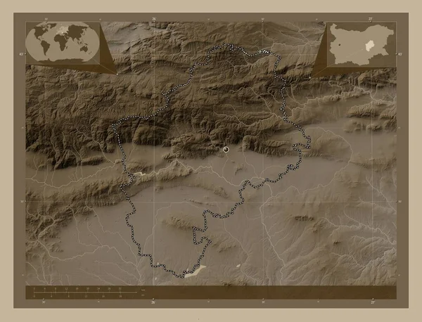 Sliven Provinsen Bulgarien Höjdkarta Färgad Sepiatoner Med Sjöar Och Floder — Stockfoto