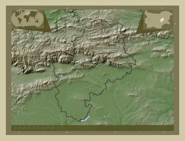 斯利文 保加利亚省 用Wiki风格绘制的带有湖泊和河流的高程地图 角辅助位置图 — 图库照片