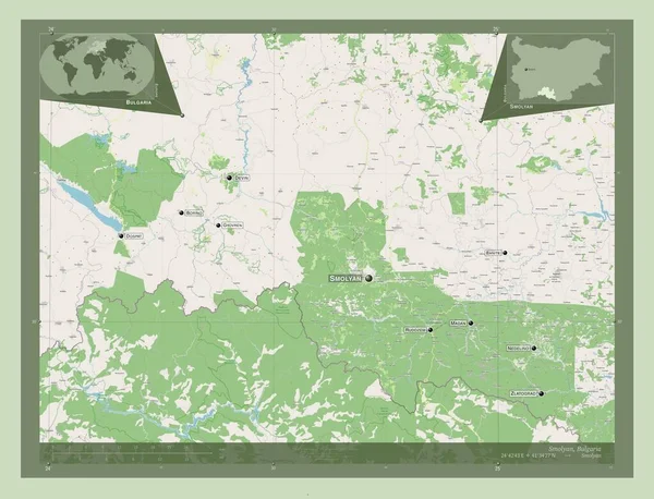 ブルガリアのスモリャン州 ストリートマップを開く 地域の主要都市の位置と名前 コーナー補助位置図 — ストック写真