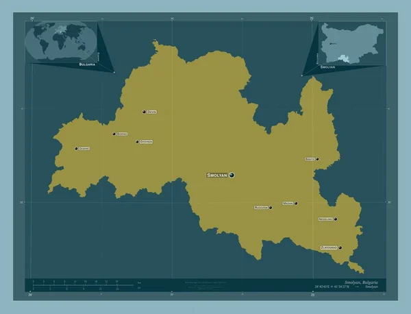 保加利亚斯莫良省 固体的颜色形状 该区域主要城市的地点和名称 角辅助位置图 — 图库照片