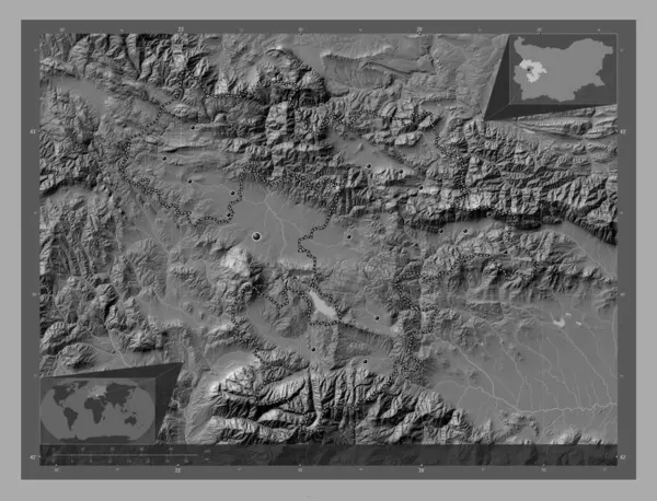 Sofía Provincia Bulgaria Mapa Elevación Bilevel Con Lagos Ríos Ubicaciones — Foto de Stock