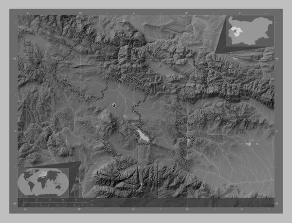 Sofia Province Bulgaria Grayscale Elevation Map Lakes Rivers Corner Auxiliary — Stock Photo, Image