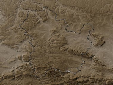 Targovishte, Bulgaristan ili. Yükseklik haritası sepya tonlarında göller ve nehirlerle renklendirilmiş