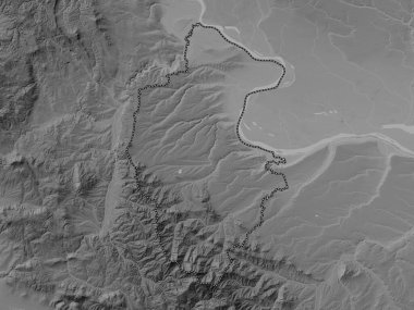 Vidin, Bulgaristan vilayeti. Gölleri ve nehirleri olan gri tonlama yükseklik haritası