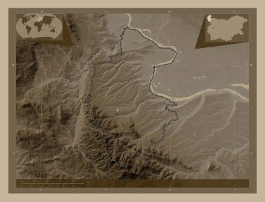 Vidin, Bulgaristan vilayeti. Yükseklik haritası sepya tonlarında göller ve nehirlerle renklendirilmiş. Köşedeki yedek konum haritaları